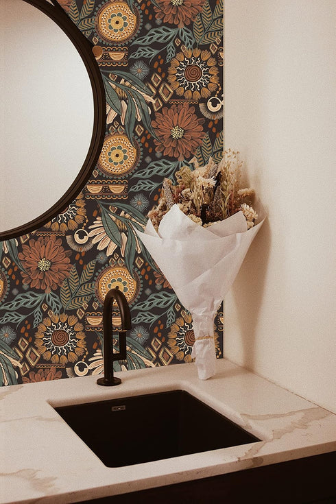 HAOKHOME 93291 Floral Boho Wallpaper, Peel and Stick Retro Mural, 17.7in x 6.6ft