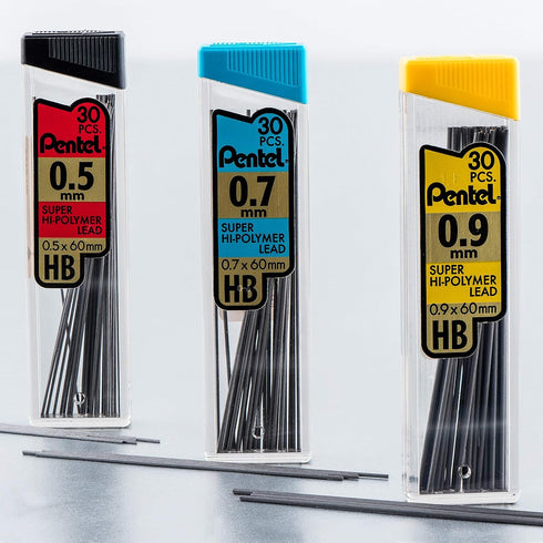 Pentel C257BPHB6 Super Hi-Polymer Lead Refills, 0.5mm, 0.7mm, HB, Black, 30/Tube, 6 Tubes
