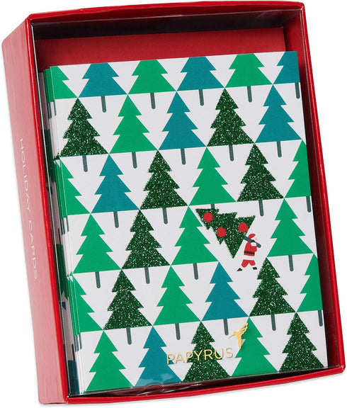 Papyrus Petite Holiday Christmas Cards Boxed, Glitter Pine Trees with Santa (20-Count)
