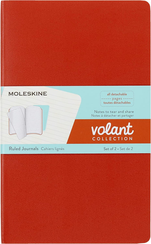 Moleskine Volant Journal, Soft Cover, Large (5" x 8.25"), Ruled/Lined, Coral Orange/Aqua Blue, Set of 2