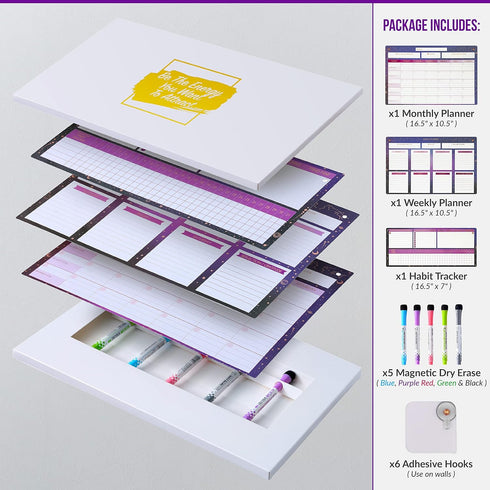 White Board Calendar Dry Erase, Magnetic Planner for Fridge & Wall - 10.5" x 16.5" with 5 Markers & 6 Adhesive Hooks