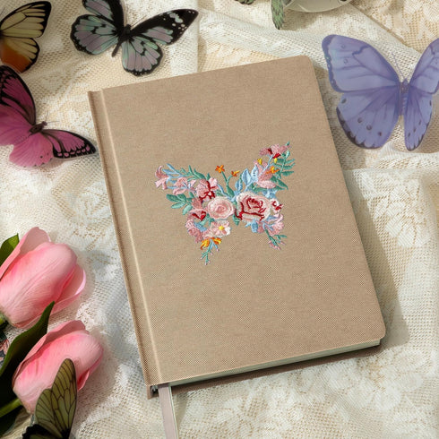 Embroidered A5 Hardcover Journal for Women, College Ruled Notebook with Gift Box, Butterfly Floral Design for Writing