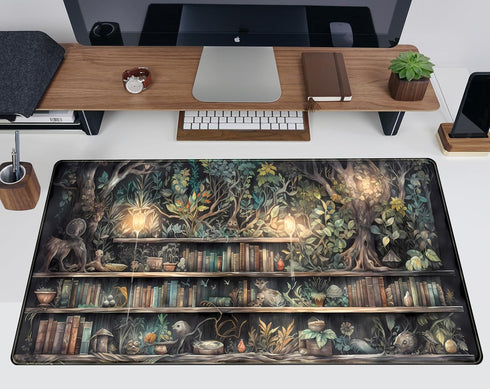 Forest Library Book Mouse Pad, Mystical Green Tree House XXL Extended Gaming Desk Mat for Women 31.5x15.7 in