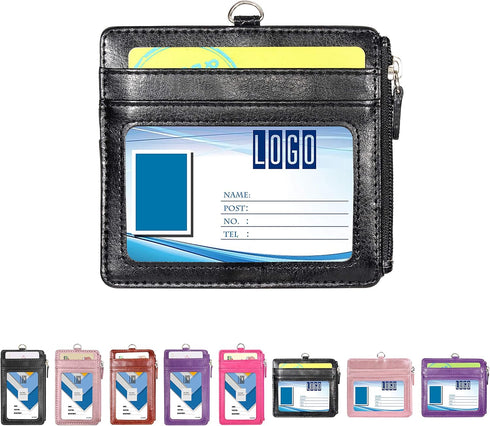 Wisdompro 2-Sided PU Leather ID Badge Holder with Zip, 1 ID Window, 4 Card Slots, 1 Side Zipper Pocket, 20 Inch Lanyard