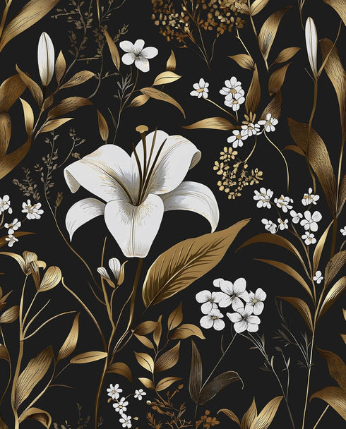 Laatse Black White Floral Wallpaper Peel and Stick, Dark Gold Vintage Contact