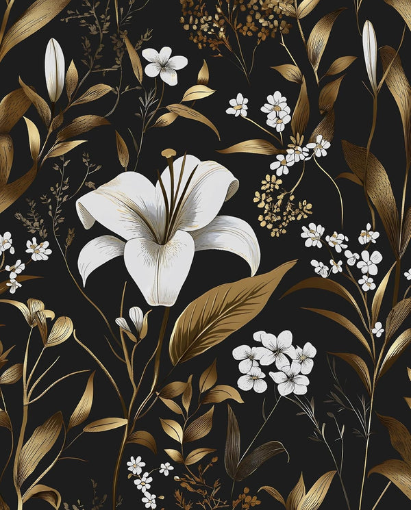 Laatse Black White Floral Wallpaper Peel and Stick, Dark Gold Vintage Contact