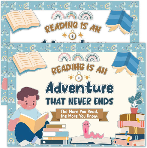 Decorably 45 Pcs Boho Rainbow Reading Bulletin Board Decorations with Borders for Classroom Library