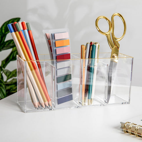 Martha Stewart Kerry Plastic 4 Compartment Pen Holder, Office Desktop Organizer with Gold Trim