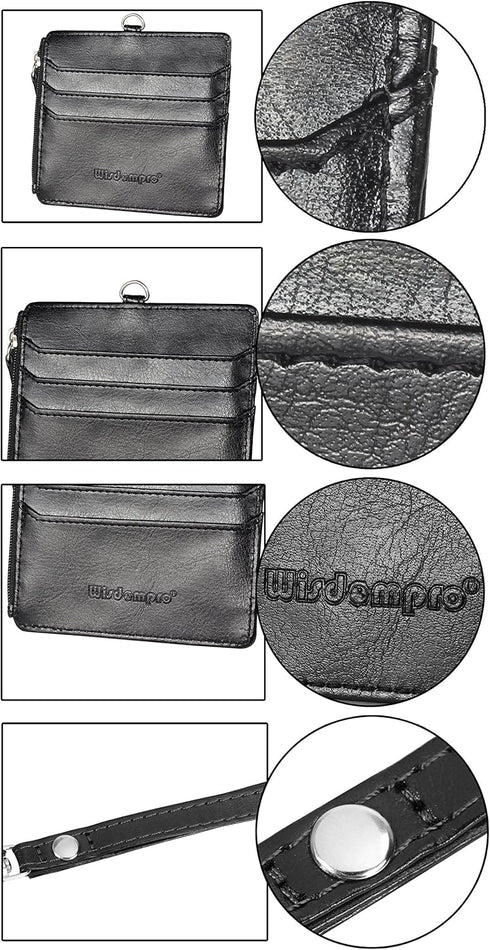 Wisdompro 2-Sided PU Leather ID Badge Holder with Zip, 1 ID Window, 4 Card Slots, 1 Side Zipper Pocket, 20 Inch Lanyard