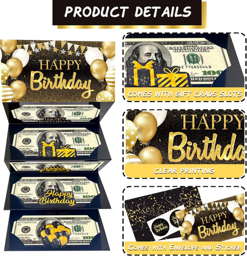 LUCKYQUBE 2pcs Happy Birthday Party Money Envelope for Cash Black Gold Birthday Party Cash Gifts Surprise Money or Gift