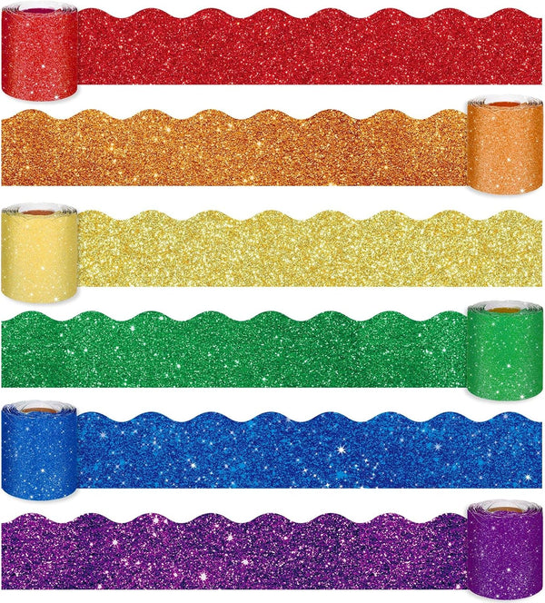 Whaline 6 Rolls 196.9ft Rainbow Glitter Bulletin Board Borders, Colorful Stripes for School Classroom Office Decor
