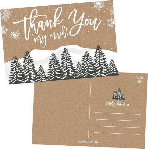 Hadley Designs 25 4x6 Woodland Christmas Holiday Thank You Postcards, Blank Cute Modern Kraft Note Card