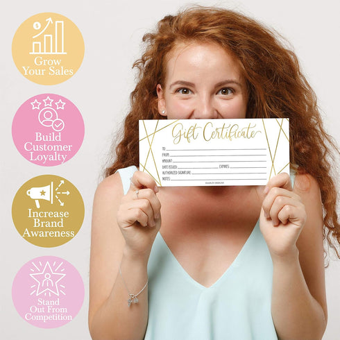 Hadley Designs 25 Gold Geo Blank Gift Certificates for Small Business, Elegant Paper Voucher for DIY Coupon Cards, 4x9"