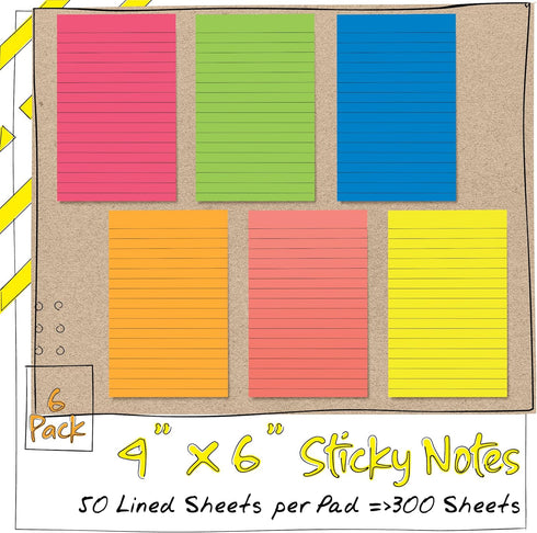 Better Office Products Lined Sticky Notes, 4 x 6, 6 Pack, 300 Sheets (50/Pad), Self Stick Notes with Lines, 6 Bright