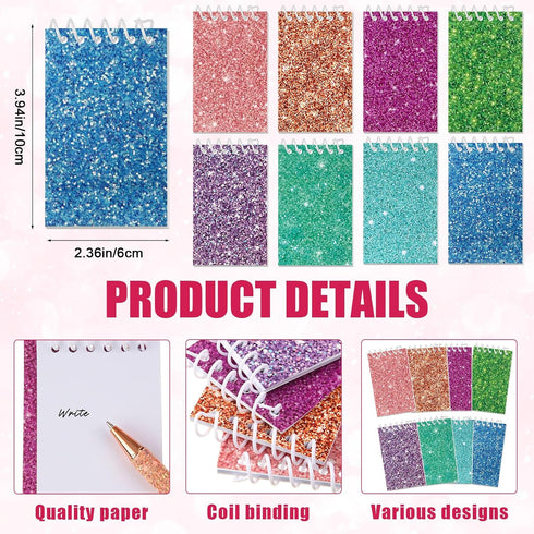 Sherr 16 Pcs Glitter Notebooks and Pens, Mini Pocket Notepads, Colorful Ballpoint Pens for Kids and Office Supplies
