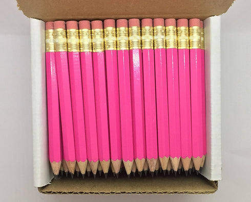 Express Pencils Deep Pink Half Pencils with Eraser - Golf, Classroom, Mini, Hexagon, Non Toxic, #2 Pencil (Box of 48)