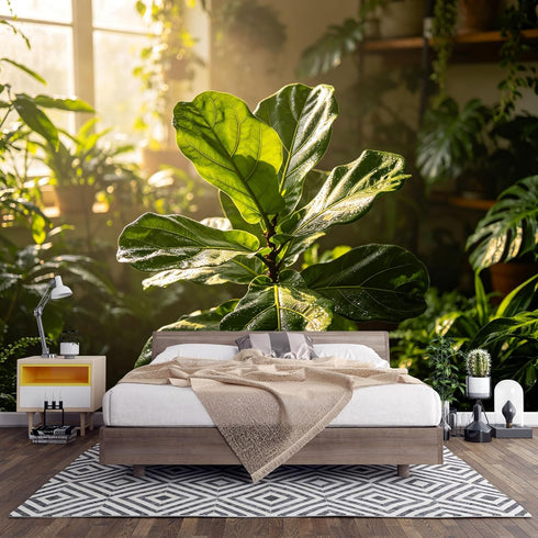 QZLITHOTIC Custom Size Wall Mural Botanical Green Fiddle Leaf Fig Sunlight Indoor Garden Scene SelfAdhesive Wall Fabric