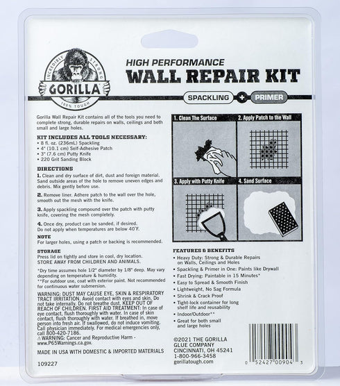 Gorilla Wall Repair Kit Featuring Gorilla Heavy Duty Wall Repair Spackling + Primer White