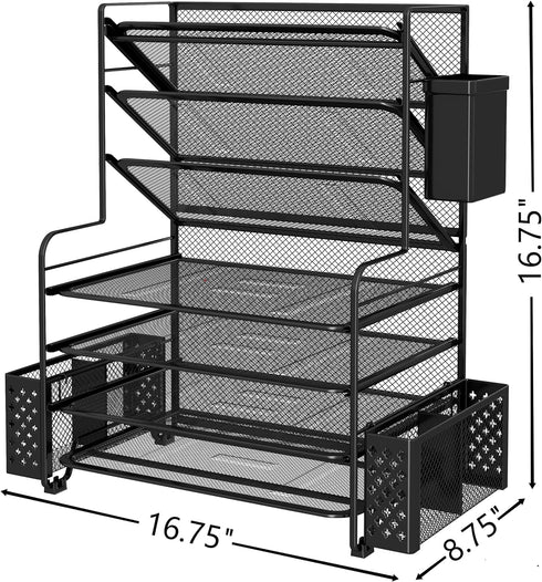 Simple Trending 7 Tier Desk File Organizer, Letter Tray Paper Organizer with Pen Holder and Metal Hanging Basket (Black)