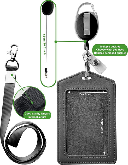 ID Card Case + Heavy Duty Lanyard (Black) - Badge Holder with Retractable Reel and Clip