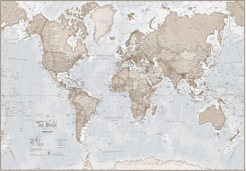 Large Map of the World, Silk Art Print World Map, Neutral Tones, 23 x 33