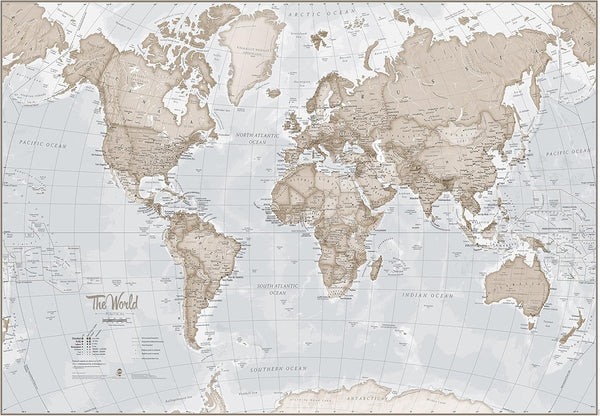 Large Map of the World, Silk Art Print World Map, Neutral Tones, 23 x 33