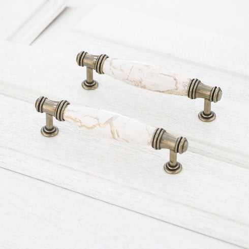 Set of 4 Marble Ceramic Handle Antique Cabinet Door Pulls - Modern Euro Style 3.78 inch(96mm)