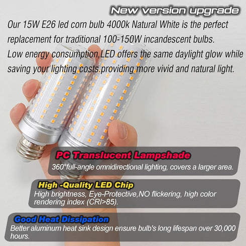 Big E26 E27 LED Corn Light Bulb, 150W Equivalent, 2000lm, 4000K Natural White, 15W Non-dimmable, 5 Pack