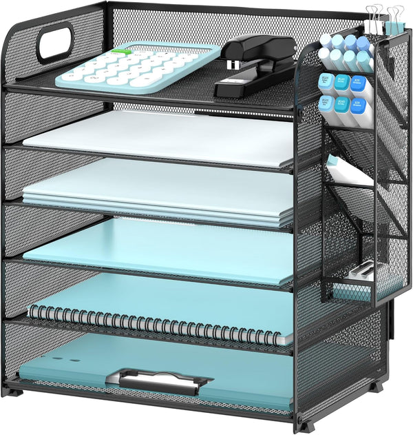 SUPEASY 6 Tier Black Paper Organizer with 4 Pen Holders, Mesh Desk Letter Tray, A4 File Folder Organizer