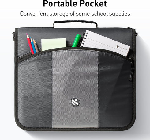Round Ring 3-Inch Zipper Binder with Expanding Files and Handle, Shoulder Strap Included, Black