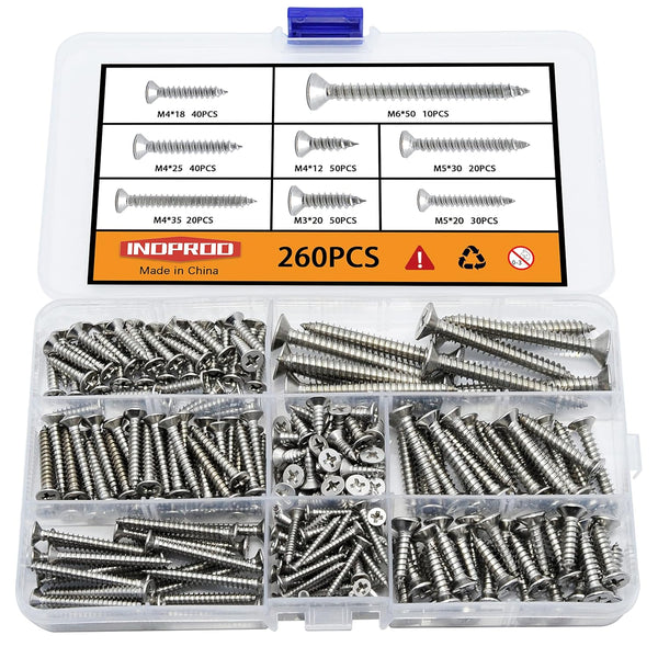 M3/M4/M5/M6 Flat Head Self Tapping Wood Screws Assortment Kit, 260Pcs Stainless Steel