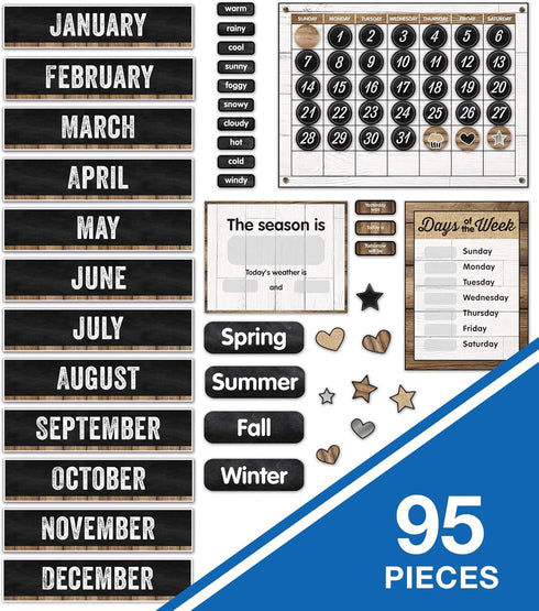 Schoolgirl Style Industrial Chic 95-Piece Calendar Bulletin Board Set, Rustic Farmhouse Monthly Calendar