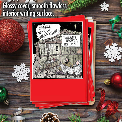 NobleWorks 12 Boxed Adult Christmas Cards with Envelopes, Hilarious Holiday Greetings, Silent Night