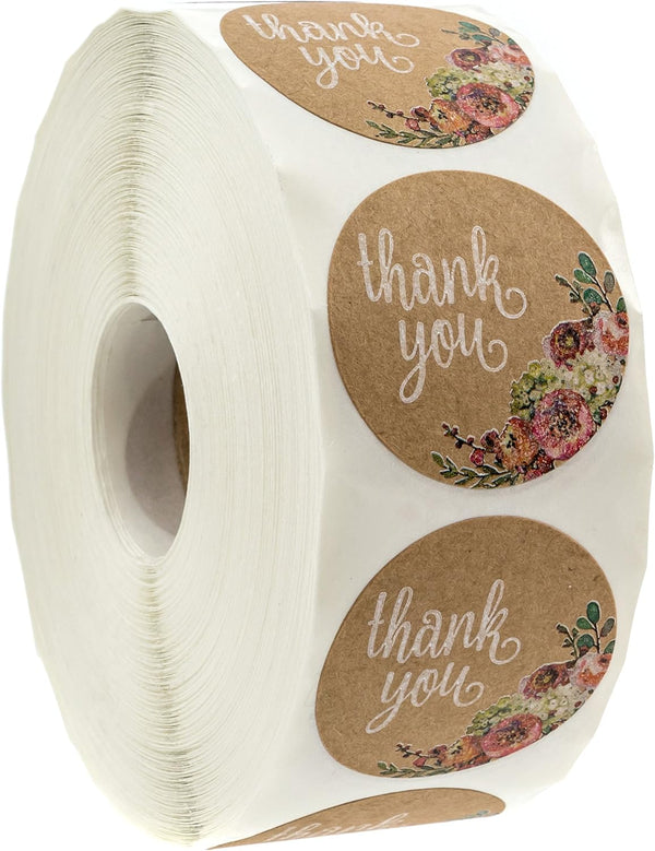 Brown Kraft Floral Thank You Stickers, 1000 Thanks Flowers Labels Roll, 1.5" Round