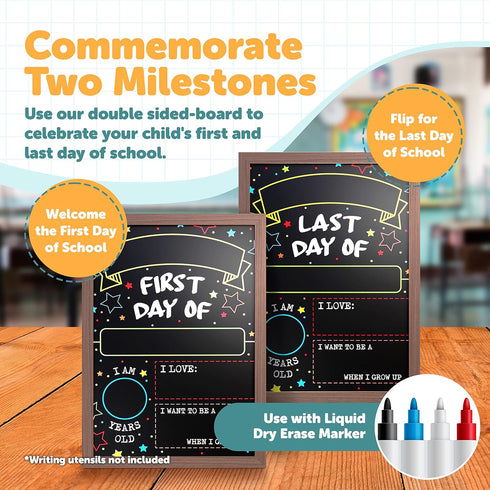 First Day Last Day of School Double Sided Sign with Frame (Reusable Dry Erase Board for Liquid Chalk Markers - 9.17" x 13.27") by GSM Brands