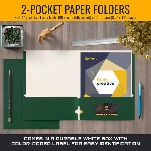Better Office Products Two Pocket Portfolio Folders, 50-Pack, Dark Green, Letter Size Paper Folders