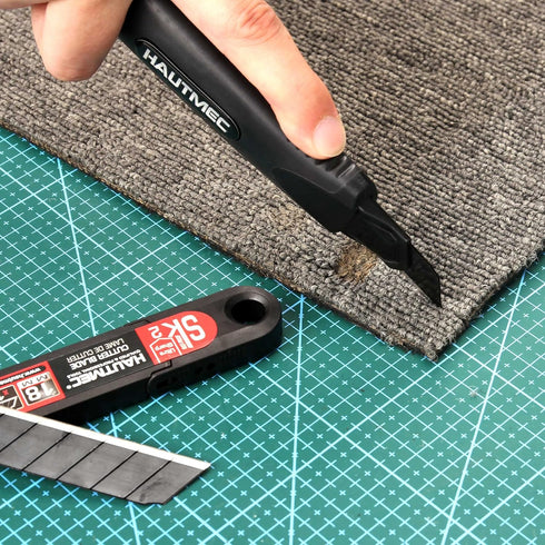 HAUTMEC 18mm Extra Heavy Duty Utility Knife with Double Lock Mechanism and 10pc Blade Set, SK2 Sharp Black Blade for