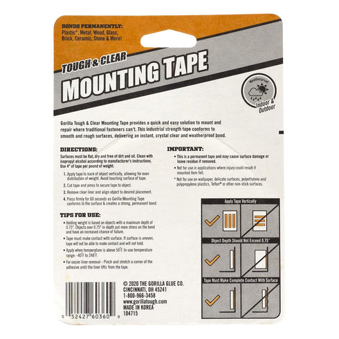 Gorilla Tough & Clear Double Sided Mounting Tape, Weatherproof Clear Tape, 1" x 150" (Pack of 1) for Indoor Outdoor