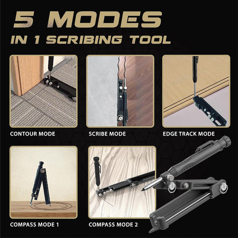 Multi-function Scribing Tool, Zinc Alloy Smart Scribe with Carpenter Pencil, Measuring Tool with Scale, Black