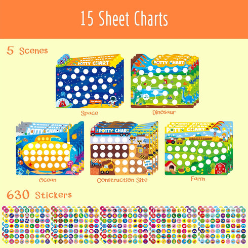 Hebayy 15 630 Potty Training Sticker Chart for Kids, Incentive Potty Charts & Stickers (Space, Farm, Dinosaur, Ocean