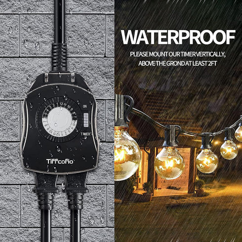 Outdoor Timer Outlet, 24 Hour Mechanical Timer for Pool Pump, Outdoor Light Timer Waterproof with 2 Grounded Outlets