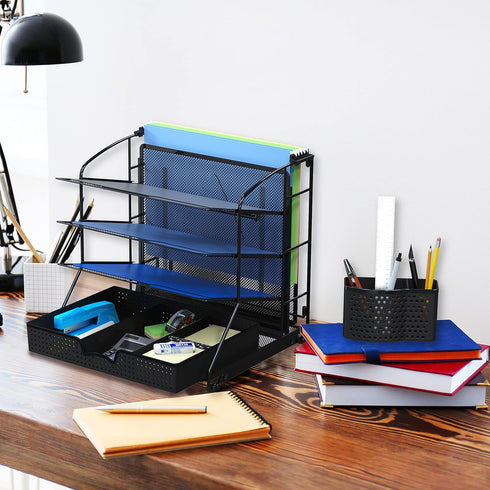Simple Houseware Desktop Document Tray Organizer with Sliding Drawer/Caddy/Hanging File Section, Black by Simple Houseware