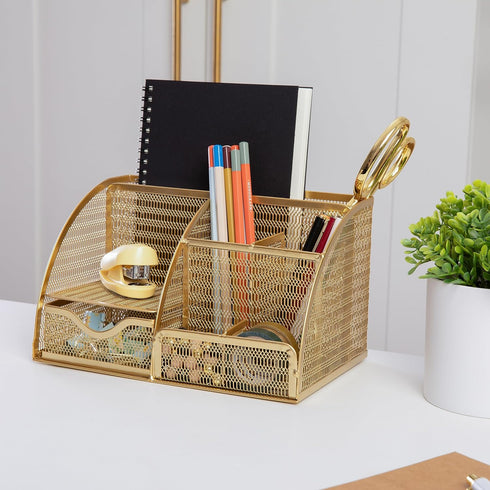 Martha Stewart Ryder Gold Mesh Metal Small Organizer for Office Accessories, Notebooks, Pen Holder and Drawer