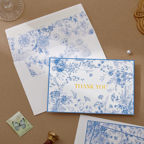 50 Pack Crisky Blue Floral Thank You Cards Gold Foil Greeting Notes Bulk with Envelopes & Stickers for Birthday, Baby