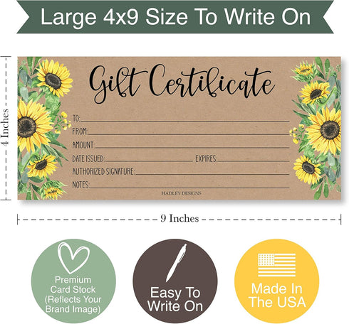 Hadley Designs Kraft Sunflower Blank Gift Certificates, 25 (4x9) for Business Gifts, Christmas, Spa Salon