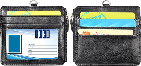 Wisdompro 2-Sided PU Leather ID Badge Holder with Zip, 1 ID Window, 4 Card Slots, 1 Side Zipper Pocket, 20 Inch Lanyard
