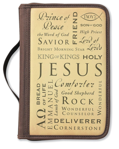 Names of Jesus Bible Cover: Zippered Canvas with Handle, Brown, Large