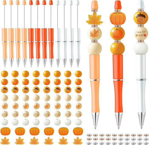 W1cwey 122pcs Autumn-Theme Beadable Ballpoint Pen Set, 12pcs Plastic Beadable Pens, Fall Wood Beads Gift for Kids