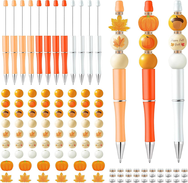 W1cwey 122pcs Autumn-Theme Beadable Ballpoint Pen Set, 12pcs Plastic Beadable Pens, Fall Wood Beads Gift for Kids