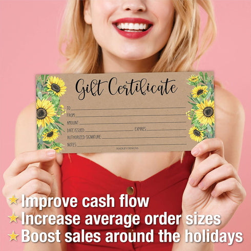 Hadley Designs Kraft Sunflower Blank Gift Certificates, 25 (4x9) for Business Gifts, Christmas, Spa Salon